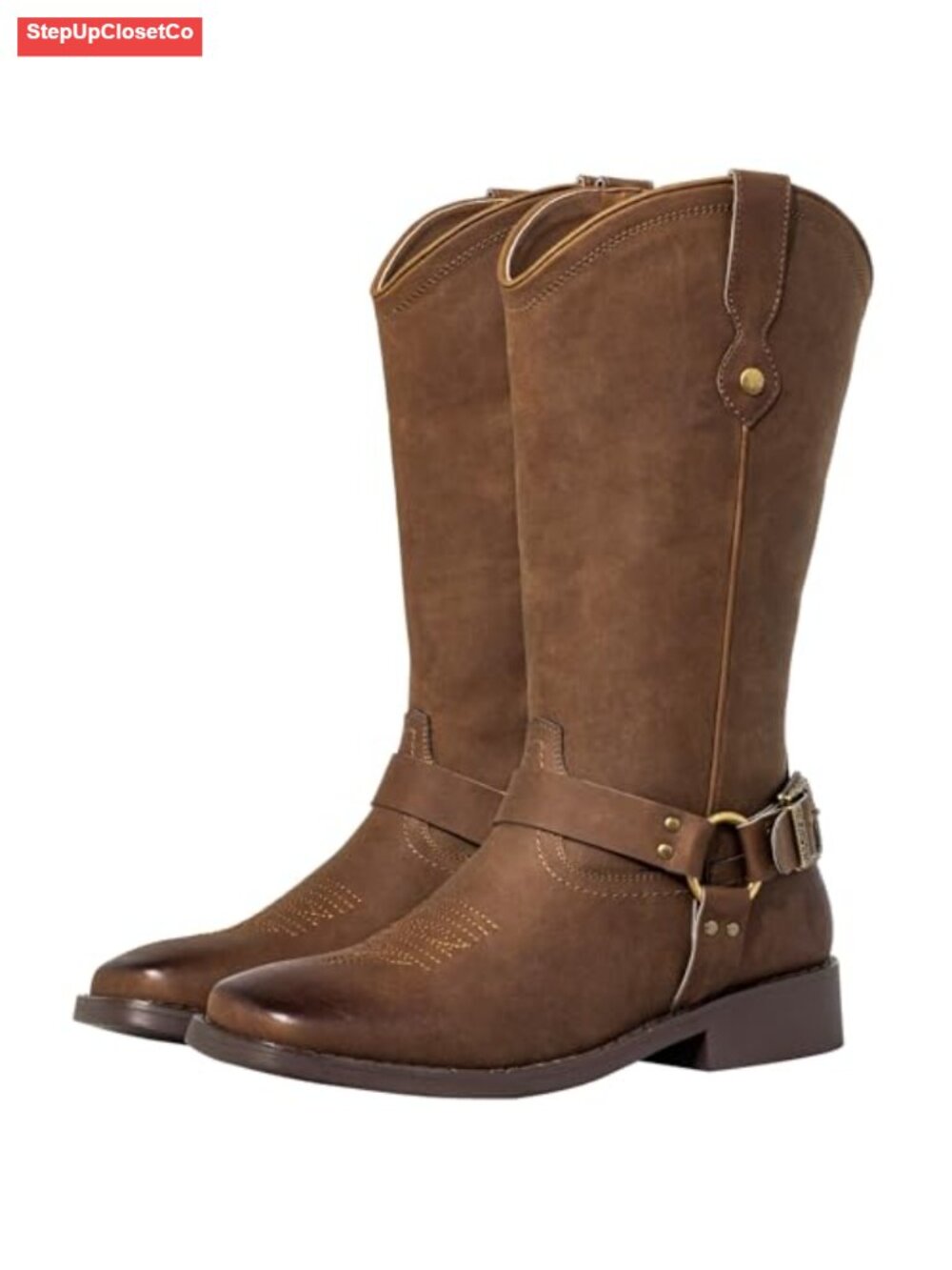 Vintage Faux Leather Square Toe Cowboy Boots Wide Calf Mid Calf